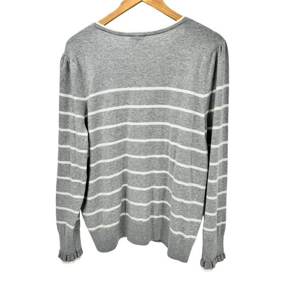 Talbots Sweater Womens XL Cardigan Gray White Stripe Knit Ruffle Wrist Button Up - Picture 4 of 6